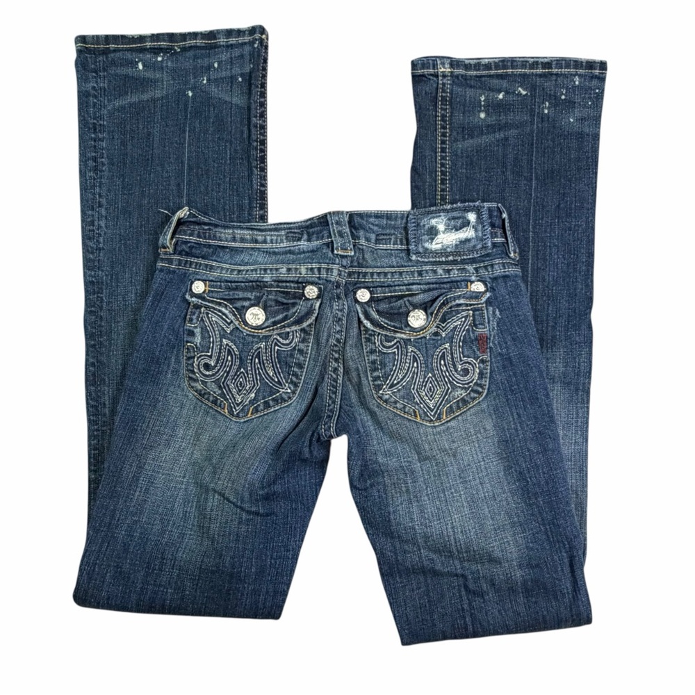 MEK Denim Dark Wash Low Rise Paint Splatter Quebec Boot Cut Jeans - Size 25/34 - Picture 4 of 15